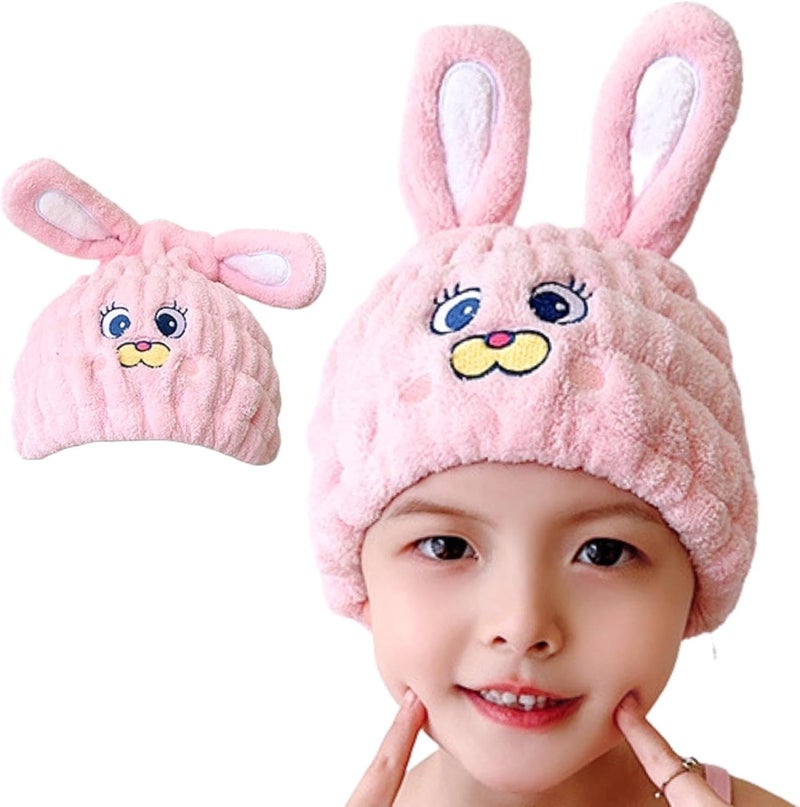 LCBD Microfiber Hair Towel Wrap for Kids, Pink Rabbit Dry Hair Cap Suck Water, Absorbent Quick Girls Boys Hair Drying Towel, Lightweight Bouncy Hat Headscarf for Wet Hair - Image 1